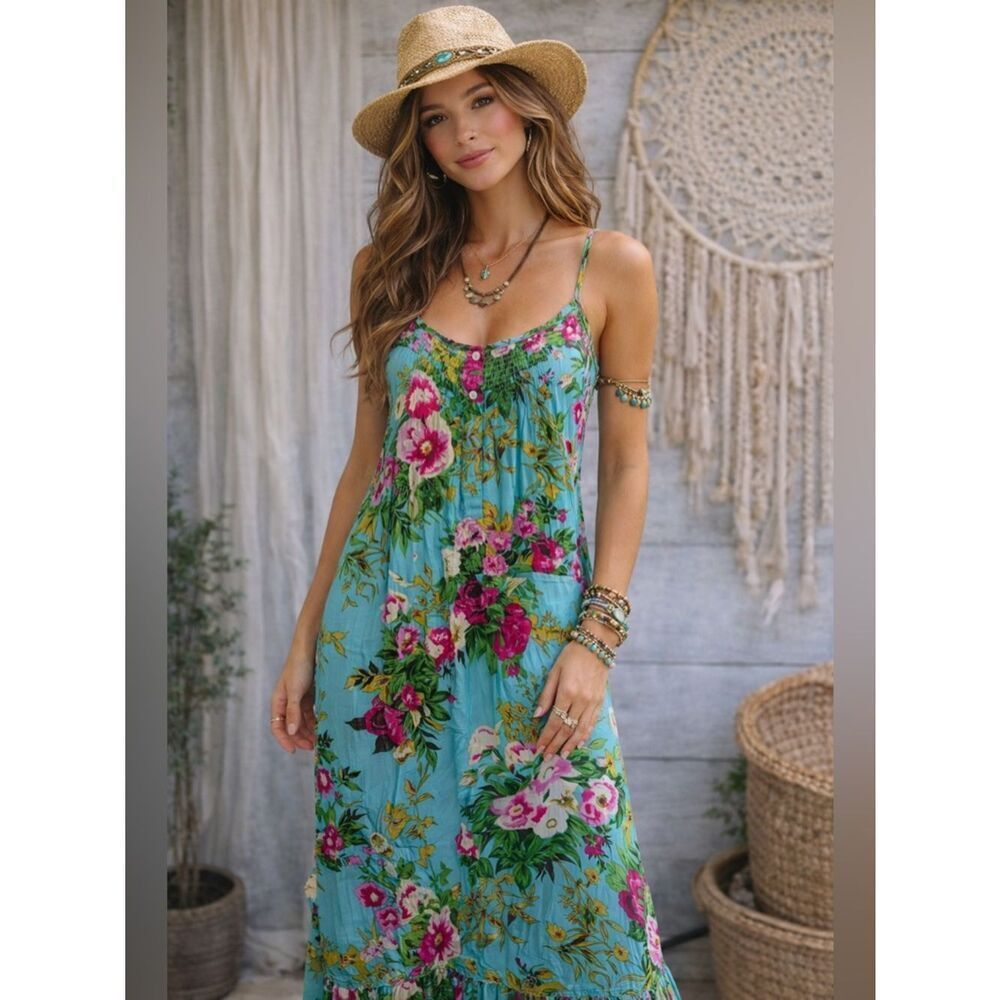 Soft Surroundings Boho Chic Turquoise Maxi Dress with Pink & Green Floral Print